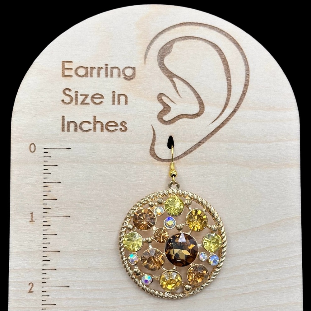 🌼 Big Bling Rhinestone Disk Gold Tone Earrings - Picture 2 of 3